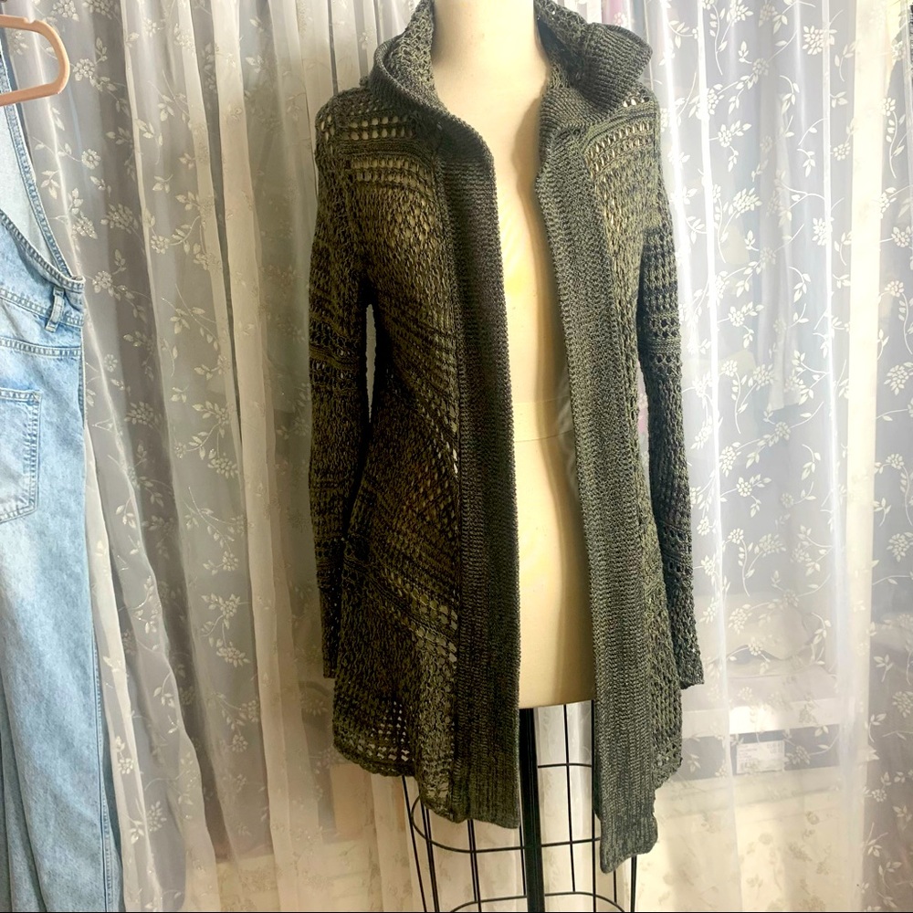 Roxy army green cotton blend crochet hooded cardigan size L